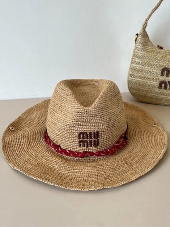 Miu Miu Accessories - Miu Miu Natural Straw Cowboy Hat with Red Band